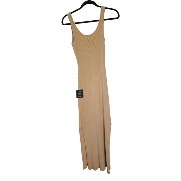 Lulu's Tan Ribbed Knit Midi Dress Size Medium NWT Side Slits - Picture 2 of 8
